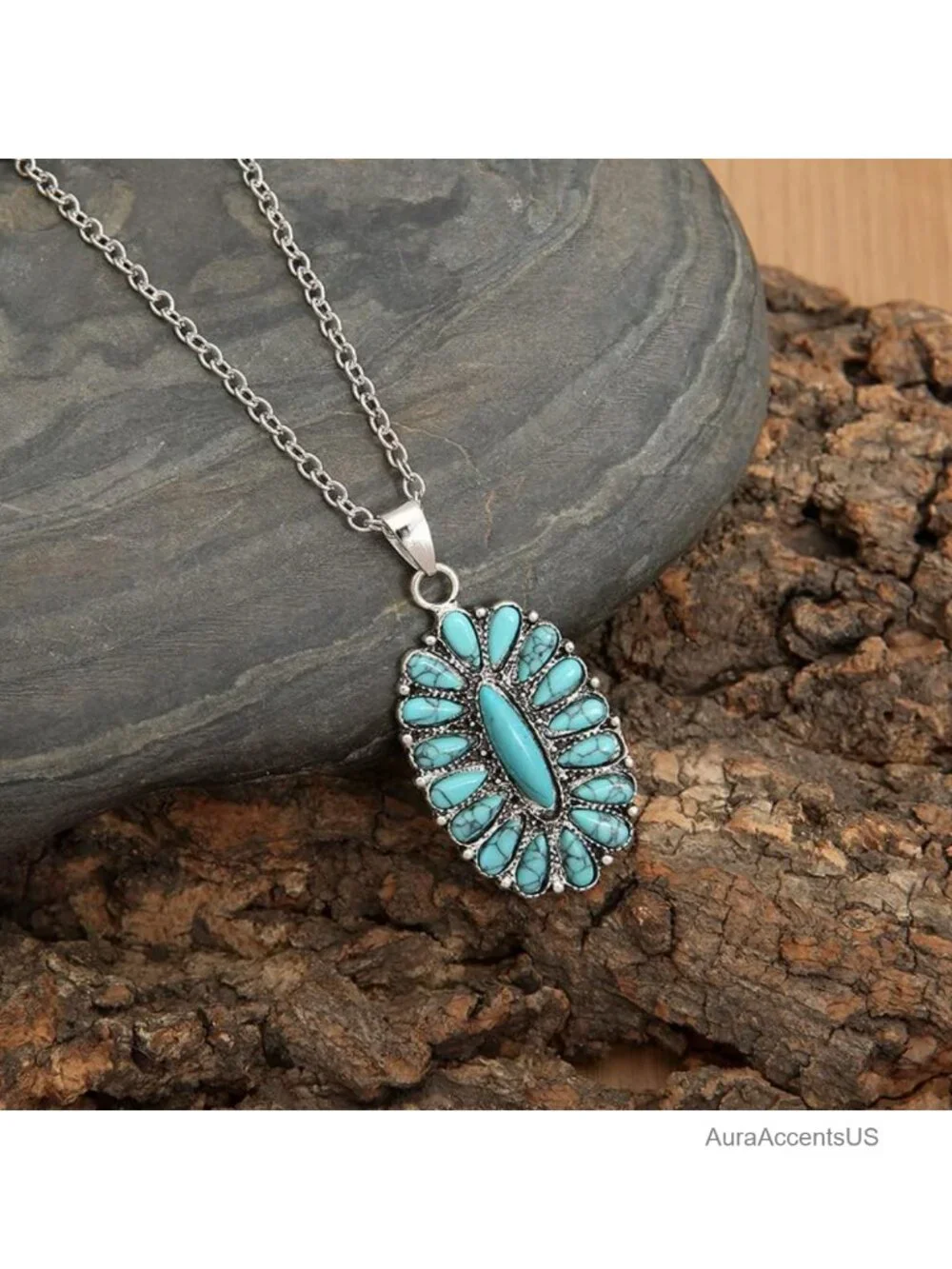 Natural Turquoise Boho Bead Silver Cross Vintage Statement Pendant Necklace